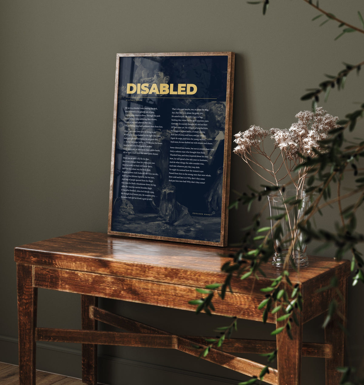 Disabled by Wilfred Owen Art Print - Full Poem over Manet At the Cafe Painting - First World War Poetry Poster
