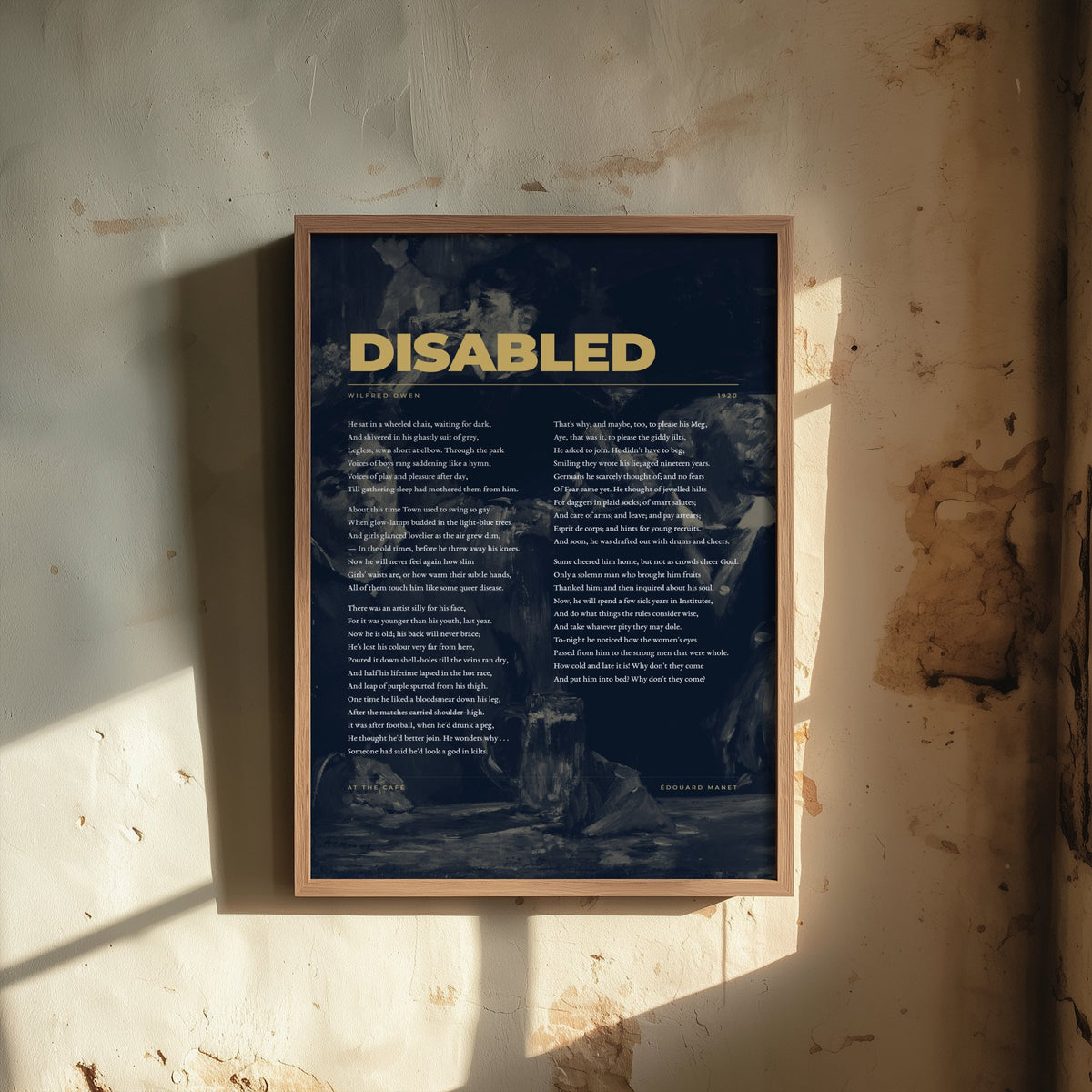 Disabled by Wilfred Owen Art Print - Full Poem over Manet At the Cafe Painting - First World War Poetry Poster