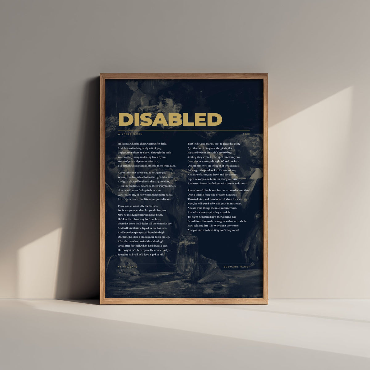 Disabled by Wilfred Owen Art Print - Full Poem over Manet At the Cafe Painting - First World War Poetry Poster