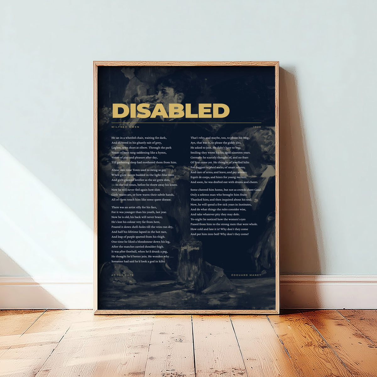 Disabled by Wilfred Owen Art Print - Full Poem over Manet At the Cafe Painting - First World War Poetry Poster