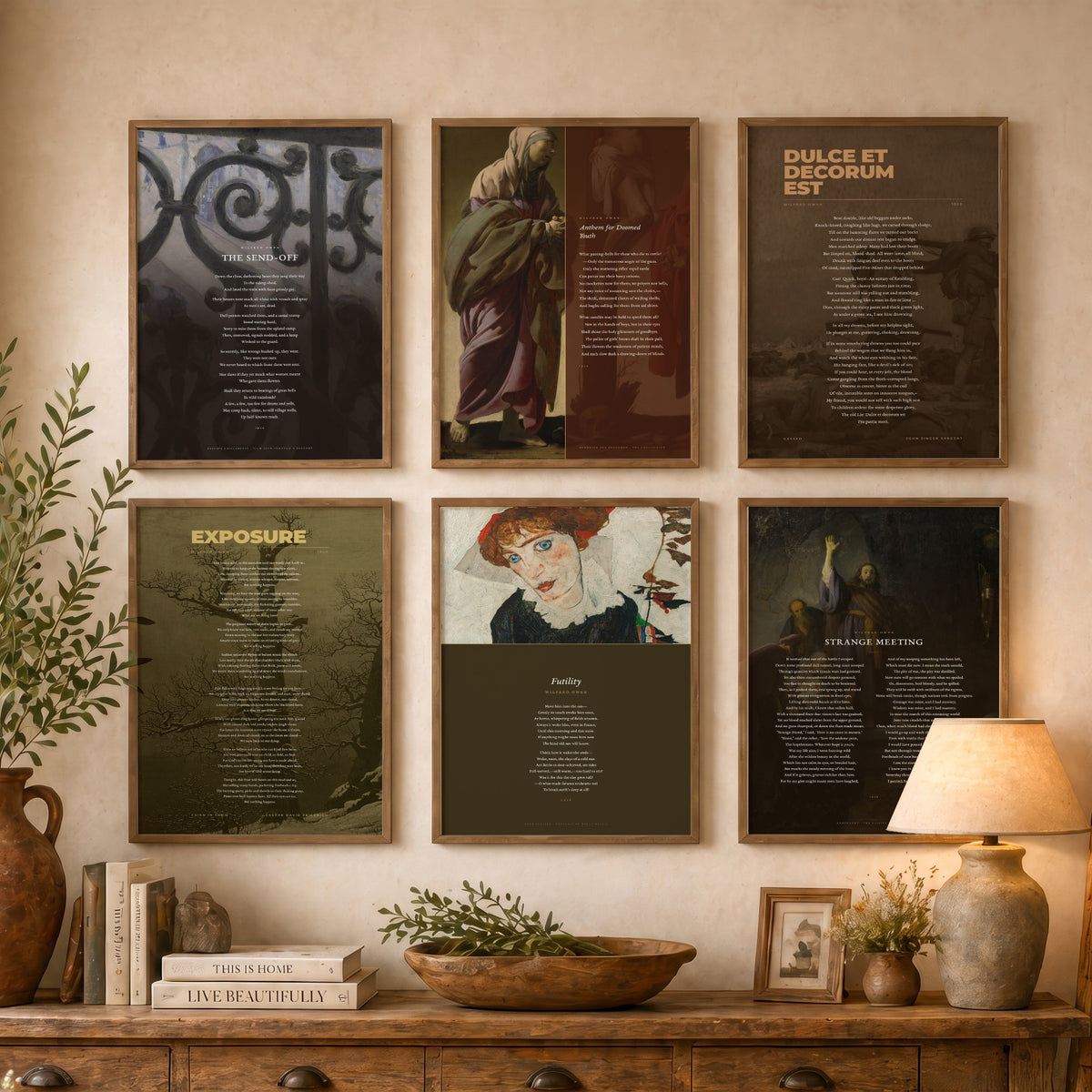 Set of Six Wilfred Owen Art Prints - Dulce et Decorum Est, Anthem for Doomed Youth, Futility - Full Poems over Paintings - War Poem Posters