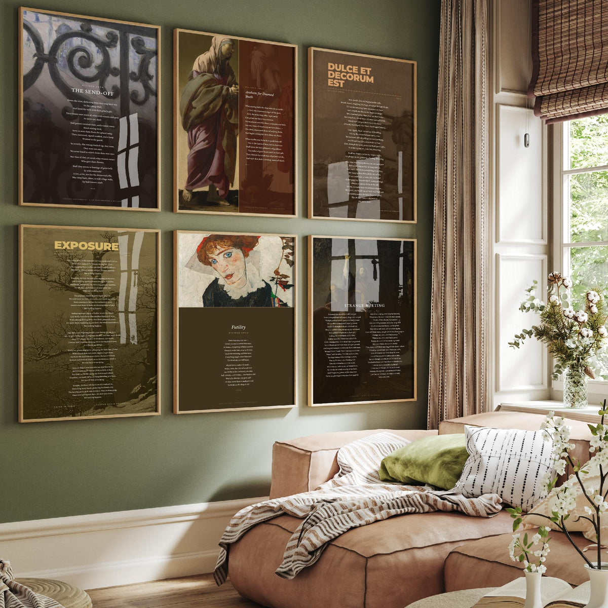 Set of Six Wilfred Owen Art Prints - Dulce et Decorum Est, Anthem for Doomed Youth, Futility - Full Poems over Paintings - War Poem Posters