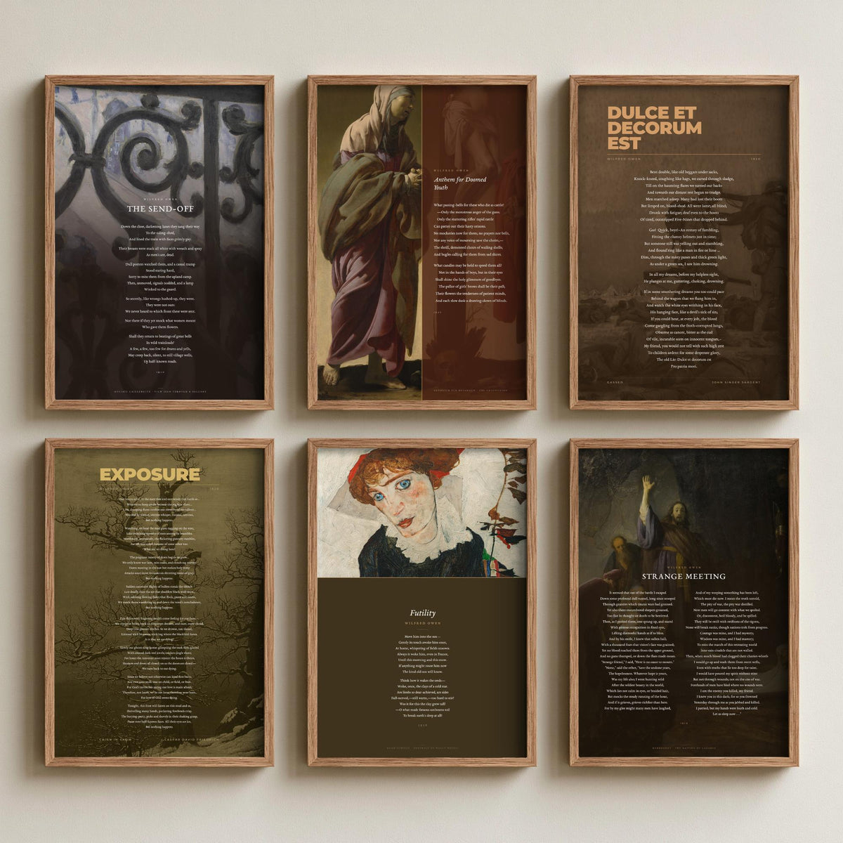 Set of Six Wilfred Owen Art Prints - Dulce et Decorum Est, Anthem for Doomed Youth, Futility - Full Poems over Paintings - War Poem Posters