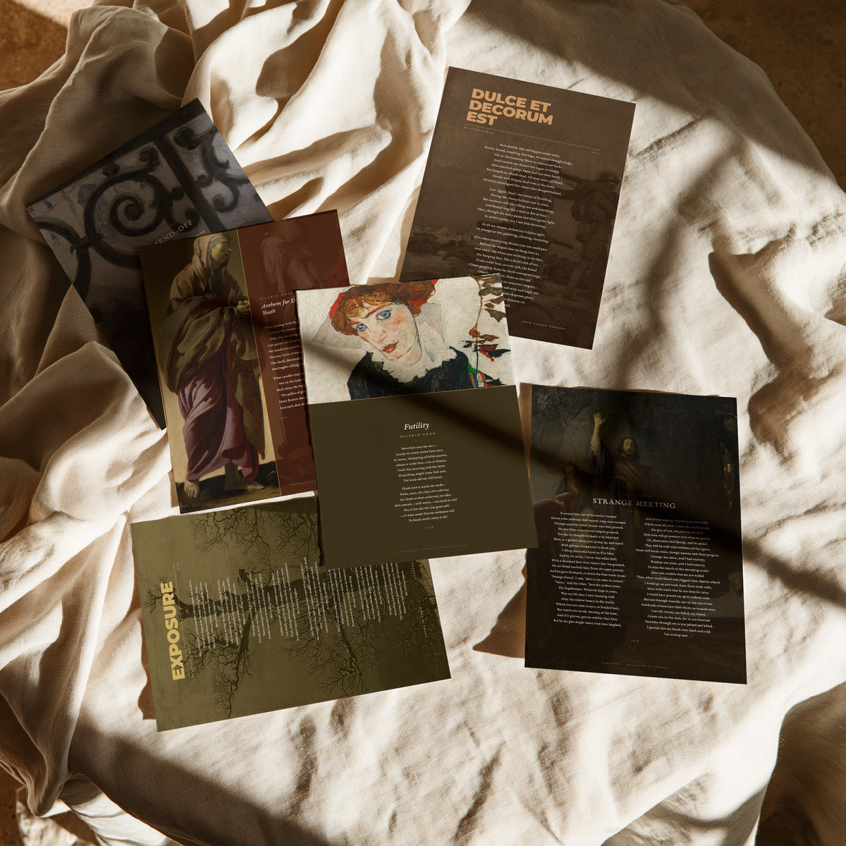 Set of Six Wilfred Owen Art Prints - Dulce et Decorum Est, Anthem for Doomed Youth, Futility - Full Poems over Paintings - War Poem Posters