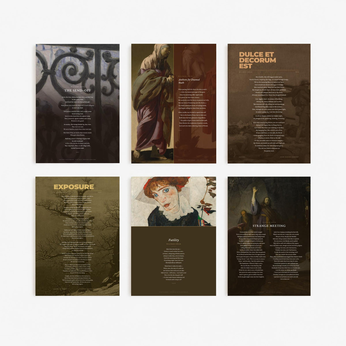 Set of Six Wilfred Owen Art Prints - Dulce et Decorum Est, Anthem for Doomed Youth, Futility - Full Poems over Paintings - War Poem Posters