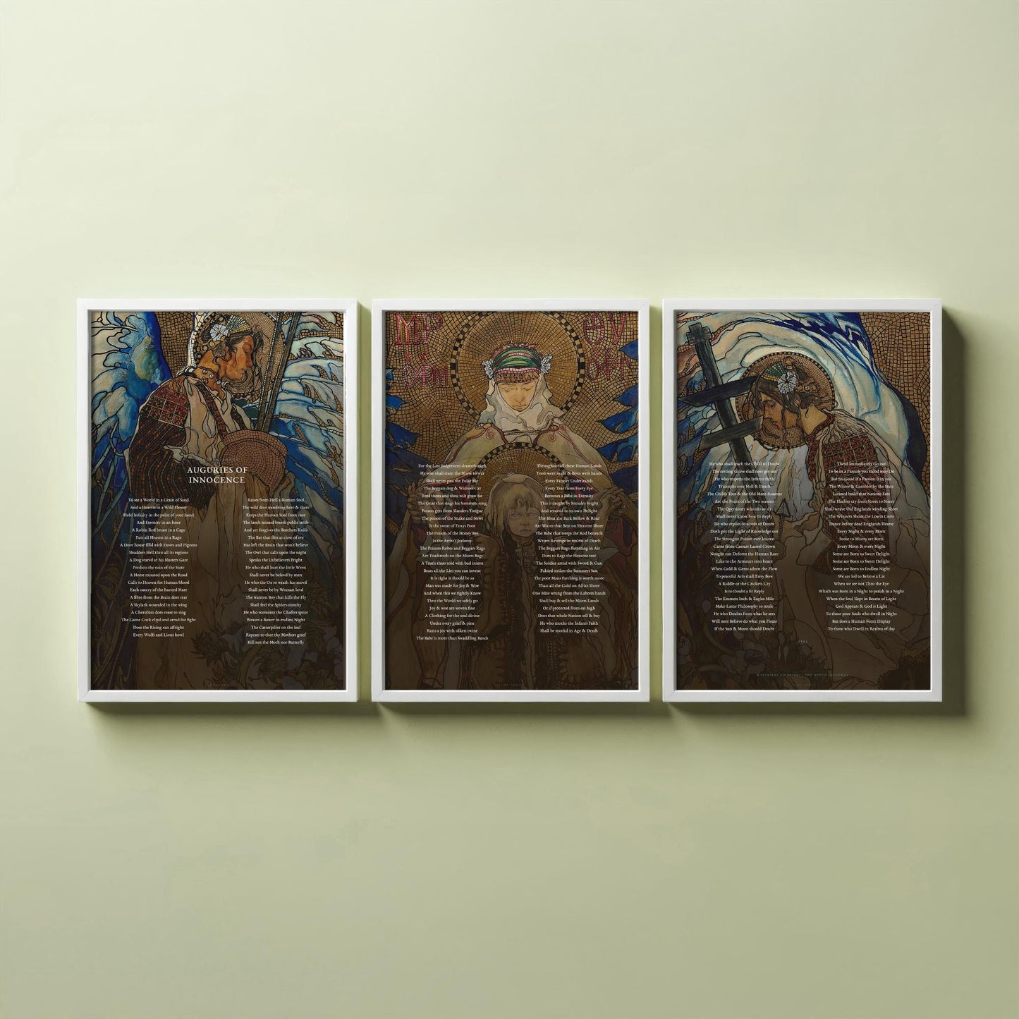 Auguries of Innocence by William Blake Set of Three Art Prints - Full Poem over Hutsul Madonna Painting - Mystical Poetry Poster Triptych