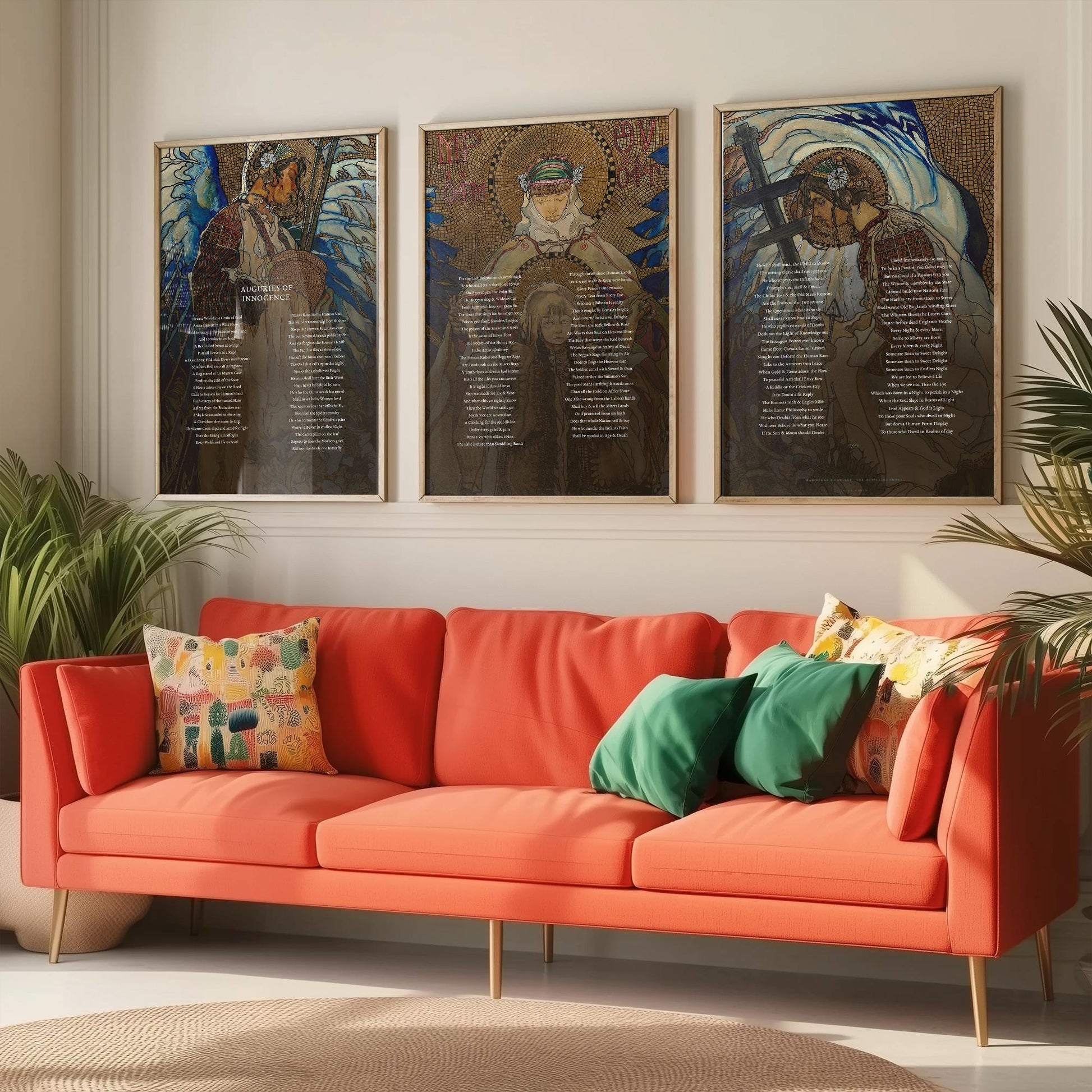 Auguries of Innocence by William Blake Set of Three Art Prints - Full Poem over Hutsul Madonna Painting - Mystical Poetry Poster Triptych