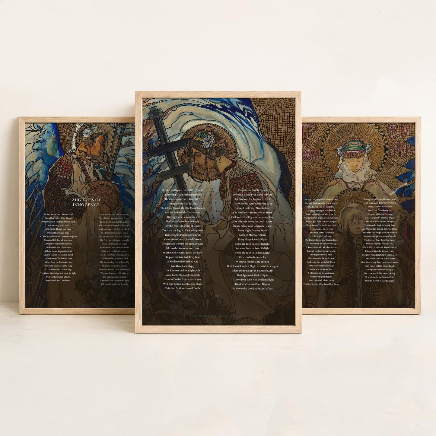 Auguries of Innocence by William Blake Set of Three Art Prints - Full Poem over Hutsul Madonna Painting - Mystical Poetry Poster Triptych
