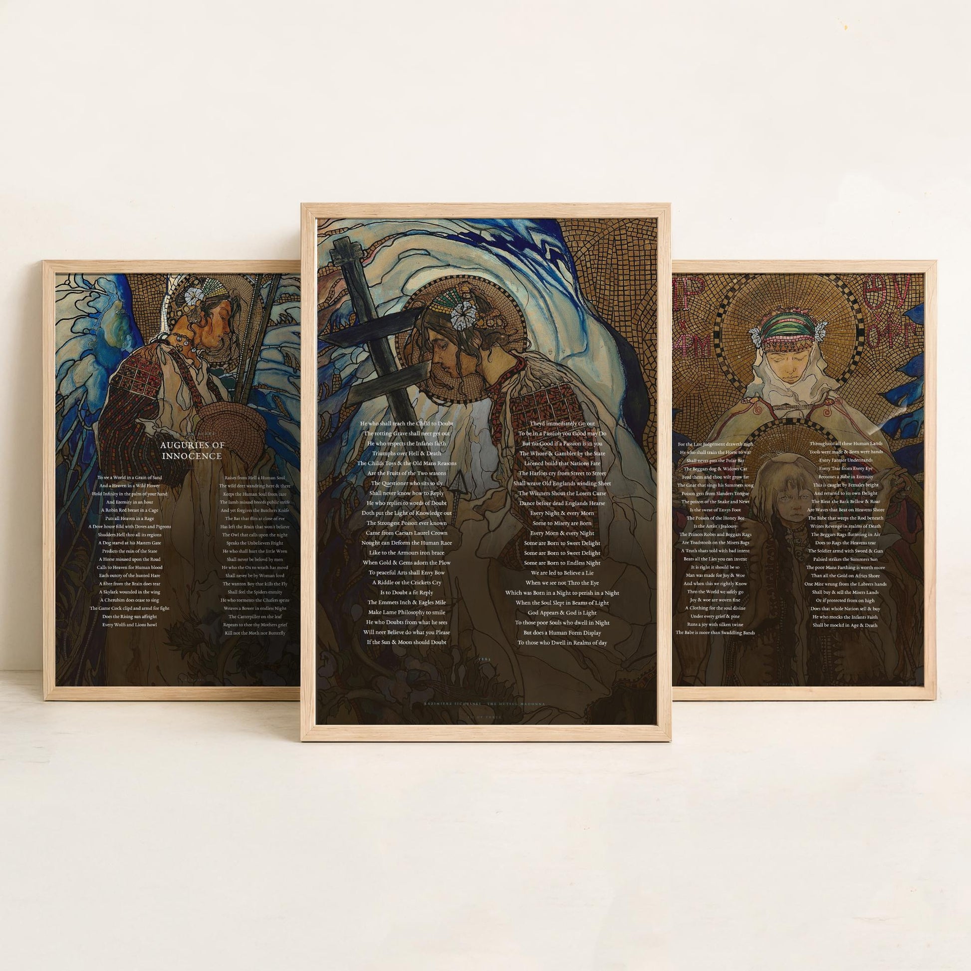 Auguries of Innocence by William Blake Set of Three Art Prints - Full Poem over Hutsul Madonna Painting - Mystical Poetry Poster Triptych