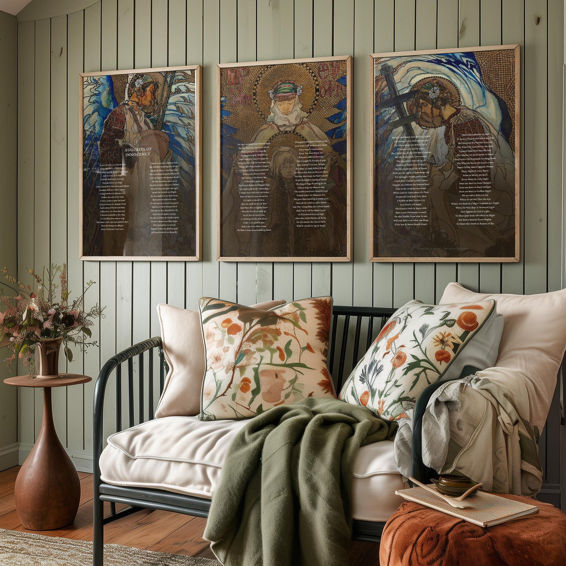 Auguries of Innocence by William Blake Set of Three Art Prints - Full Poem over Hutsul Madonna Painting - Mystical Poetry Poster Triptych
