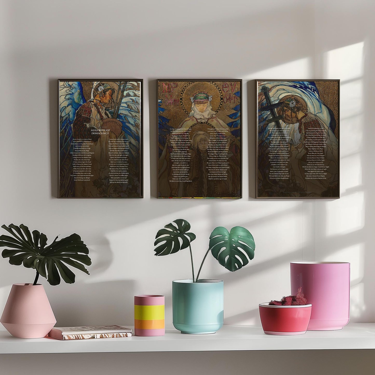 Auguries of Innocence by William Blake Set of Three Art Prints - Full Poem over Hutsul Madonna Painting - Mystical Poetry Poster Triptych