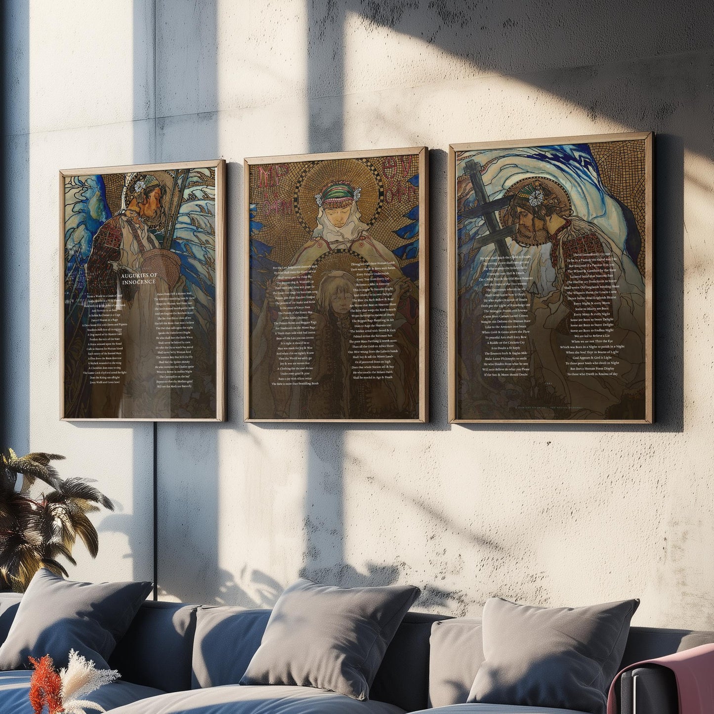 Auguries of Innocence by William Blake Set of Three Art Prints - Full Poem over Hutsul Madonna Painting - Mystical Poetry Poster Triptych