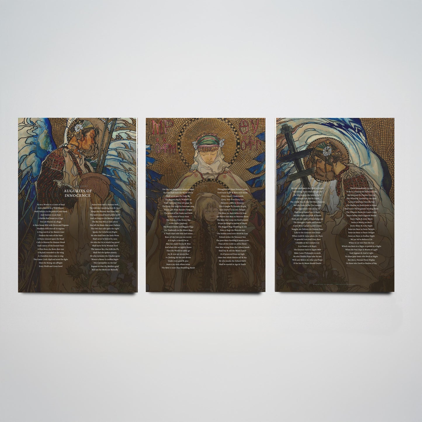Auguries of Innocence by William Blake Set of Three Art Prints - Full Poem over Hutsul Madonna Painting - Mystical Poetry Poster Triptych