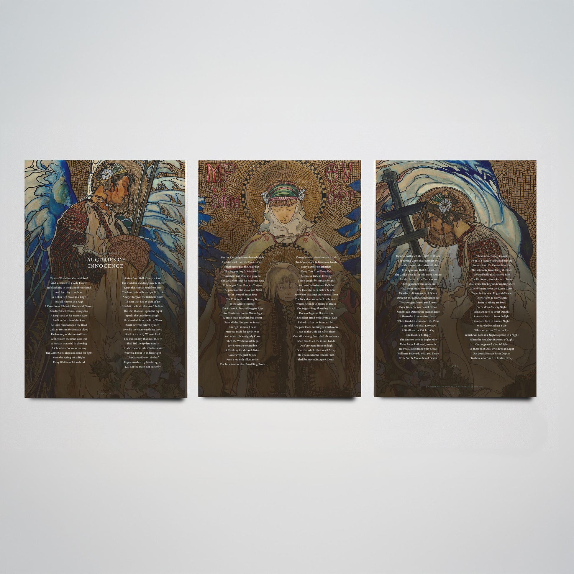 Auguries of Innocence by William Blake Set of Three Art Prints - Full Poem over Hutsul Madonna Painting - Mystical Poetry Poster Triptych
