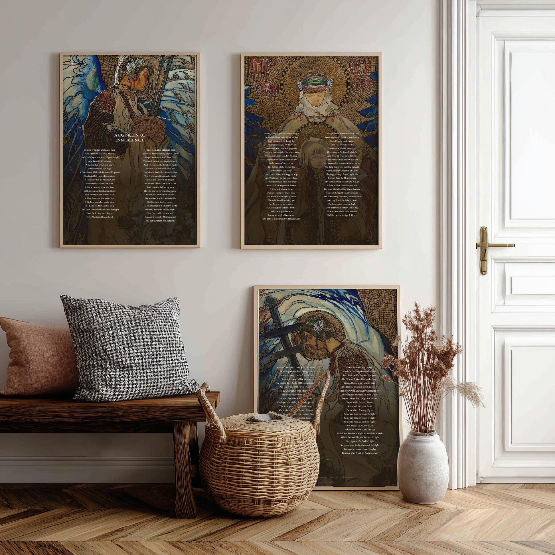 Auguries of Innocence by William Blake Set of Three Art Prints - Full Poem over Hutsul Madonna Painting - Mystical Poetry Poster Triptych