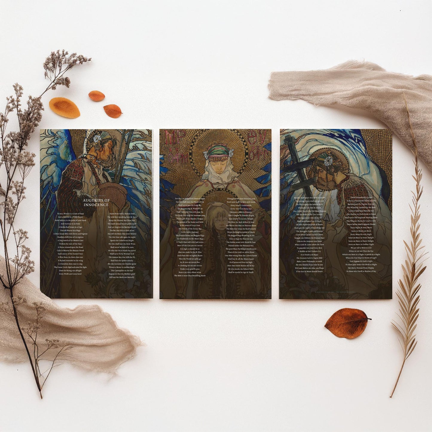 Auguries of Innocence by William Blake Set of Three Art Prints - Full Poem over Hutsul Madonna Painting - Mystical Poetry Poster Triptych