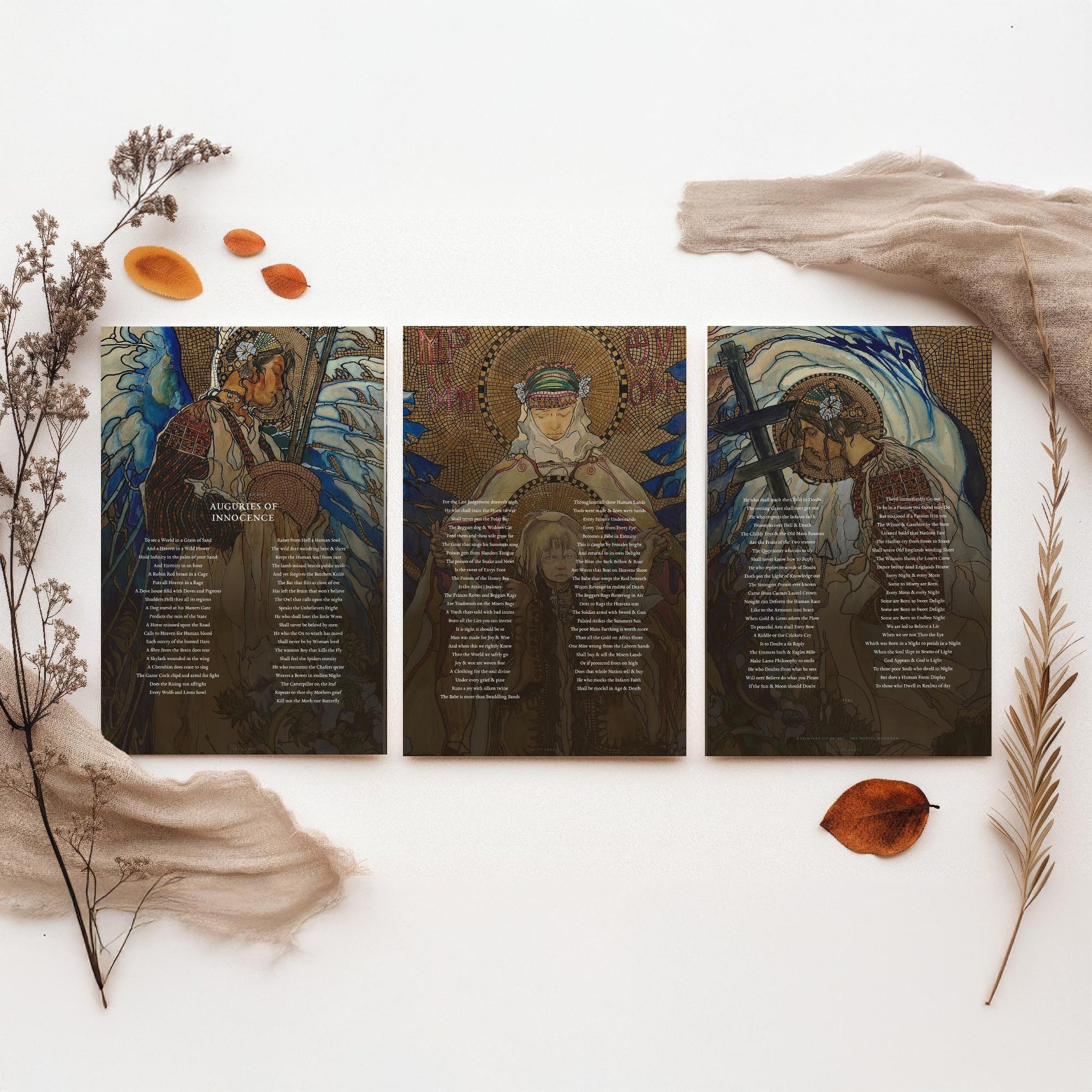 Auguries of Innocence by William Blake Set of Three Art Prints - Full Poem over Hutsul Madonna Painting - Mystical Poetry Poster Triptych