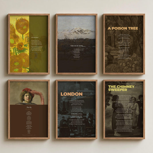 Set of Six William Blake Poem Art Prints - London, The Sick Rose, A Poison Tree, The Fly - 6 Full Poems over Paintings - Poetry Posters