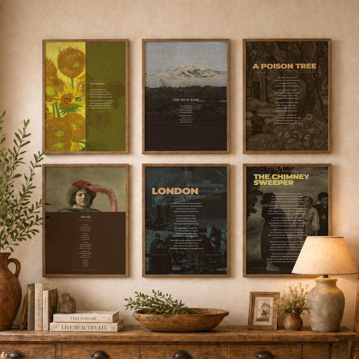 Set of Six William Blake Poem Art Prints - London, The Sick Rose, A Poison Tree, The Fly - 6 Full Poems over Paintings - Poetry Posters