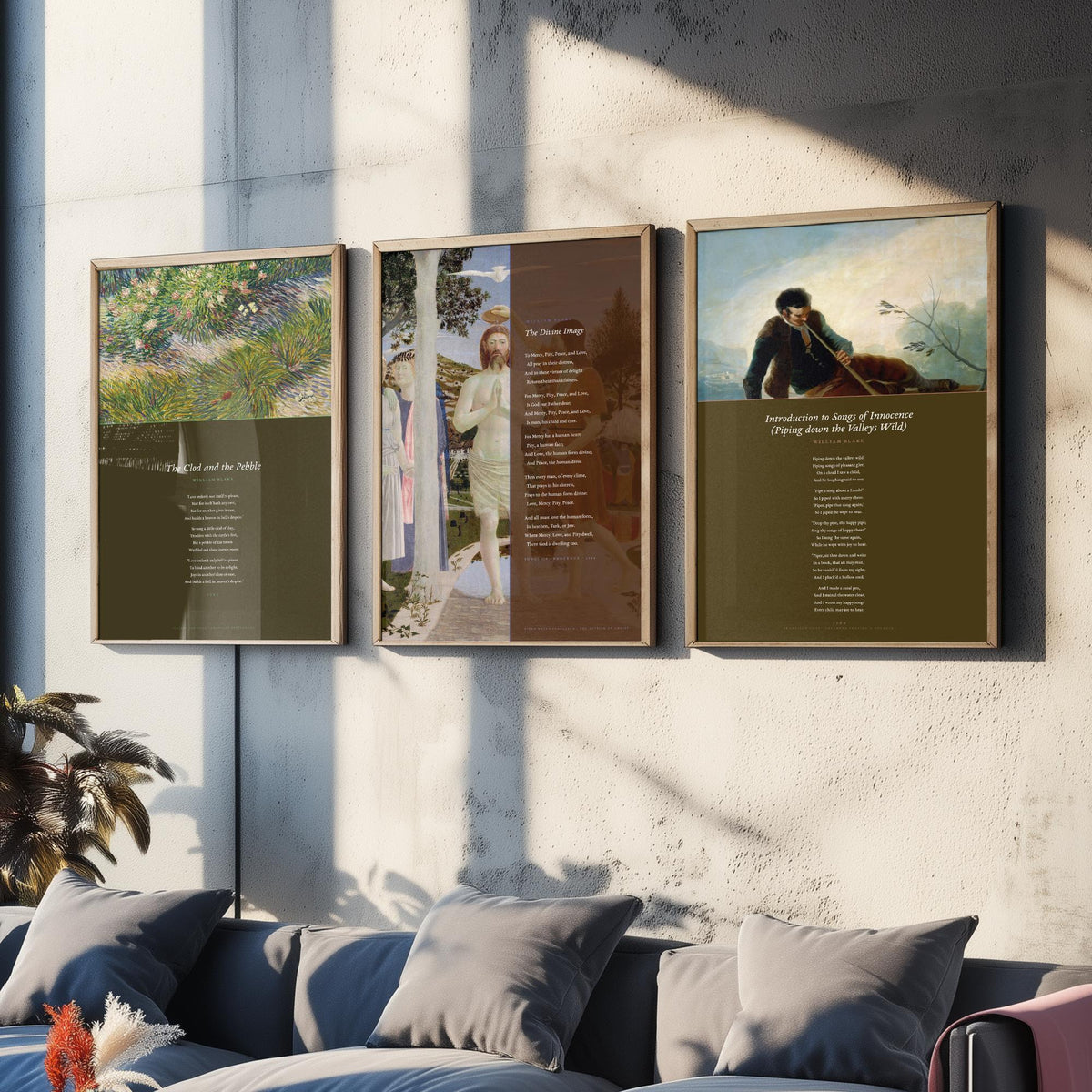 William Blake Set of Three Art Prints - The Divine Image, The Clod and the Pebble, Piping down the Valleys Wild - Poetry Poster Paintings