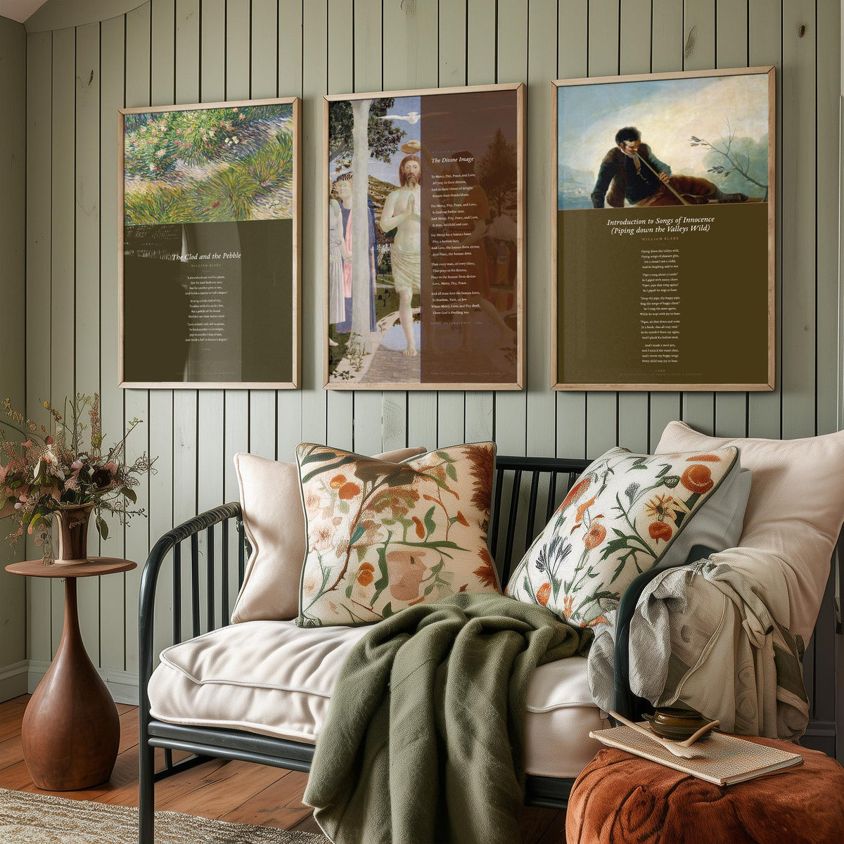 William Blake Set of Three Art Prints - The Divine Image, The Clod and the Pebble, Piping down the Valleys Wild - Poetry Poster Paintings