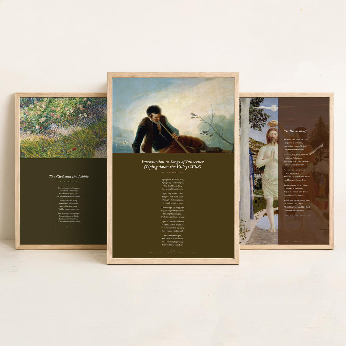 William Blake Set of Three Art Prints - The Divine Image, The Clod and the Pebble, Piping down the Valleys Wild - Poetry Poster Paintings