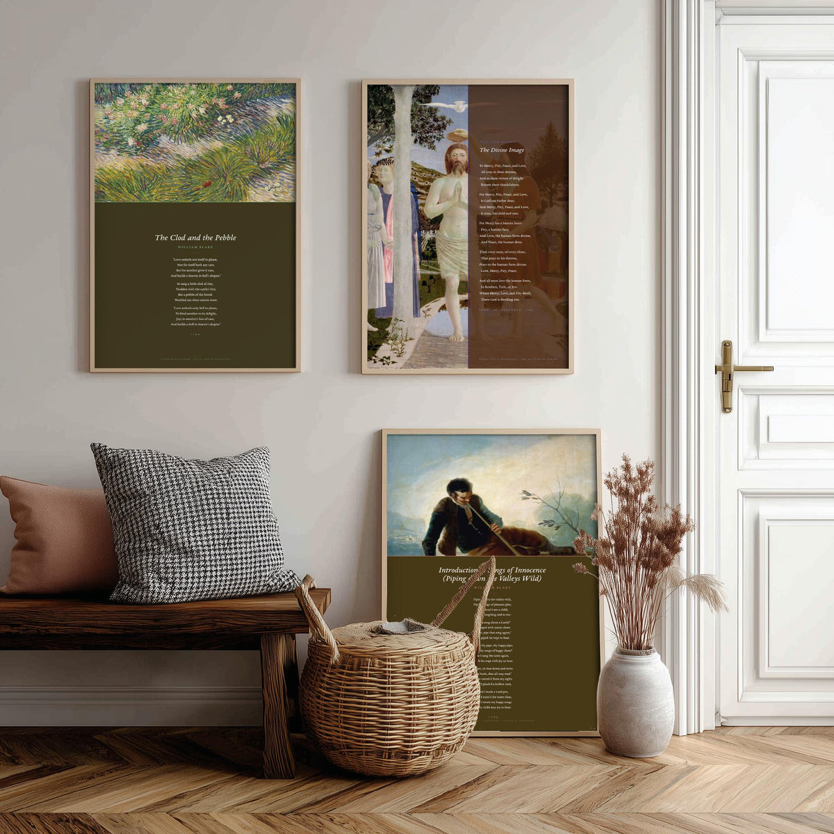 William Blake Set of Three Art Prints - The Divine Image, The Clod and the Pebble, Piping down the Valleys Wild - Poetry Poster Paintings