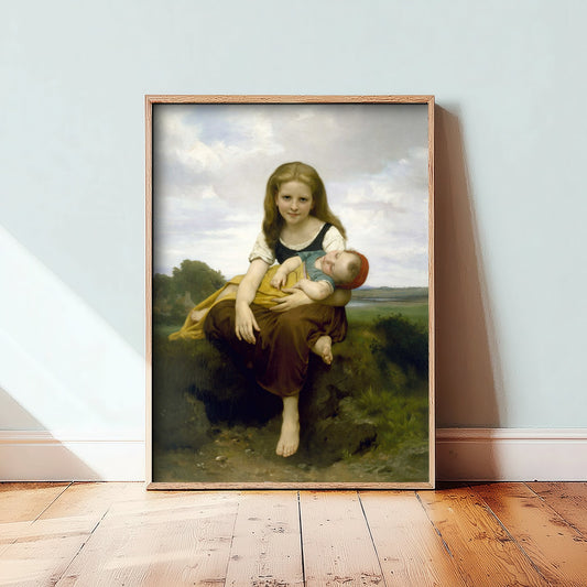 William Bouguereau - The Elder Sister (1869) - Classic Painting Art Print - Girl Holding Sleeping Baby Brother Countryside Poster