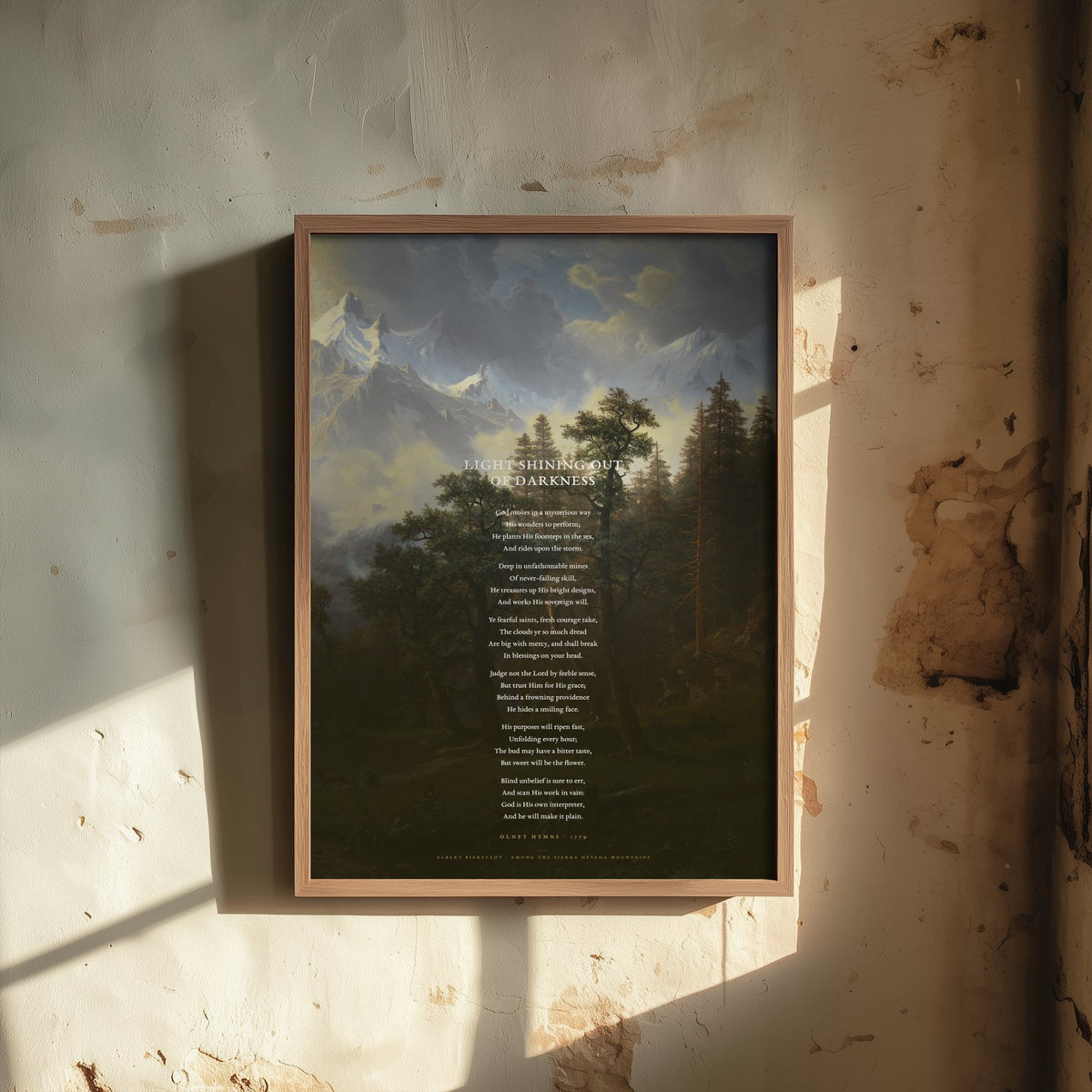 Light Shining Out of Darkness by William Cowper Art Print - God Moves in a Mysterious Way Hymn Poster over Classic Landscape Painting