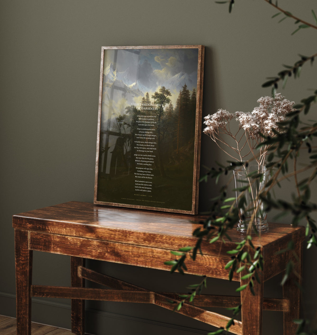 Light Shining Out of Darkness by William Cowper Art Print - God Moves in a Mysterious Way Hymn Poster over Classic Landscape Painting