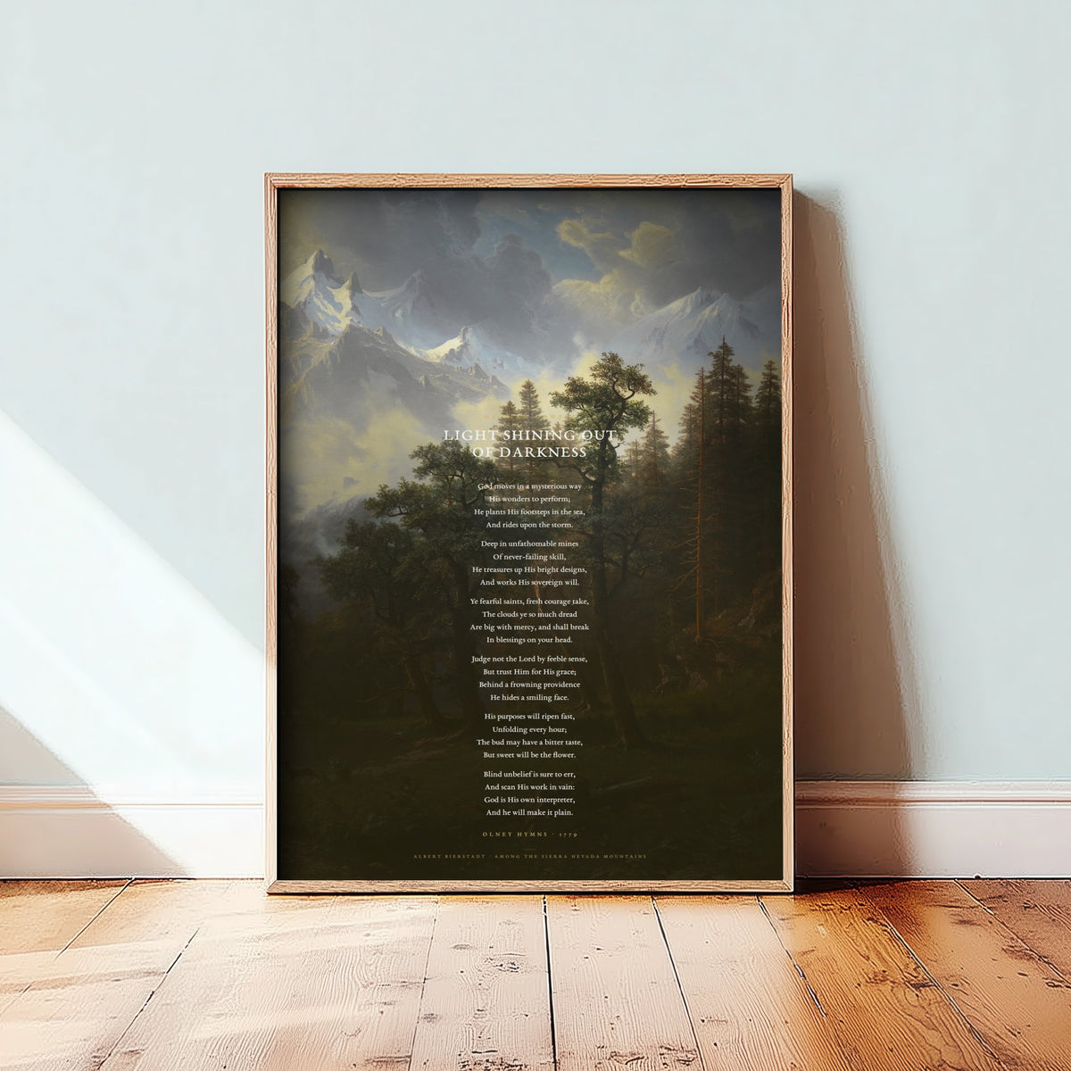 Light Shining Out of Darkness by William Cowper Art Print - God Moves in a Mysterious Way Hymn Poster over Classic Landscape Painting
