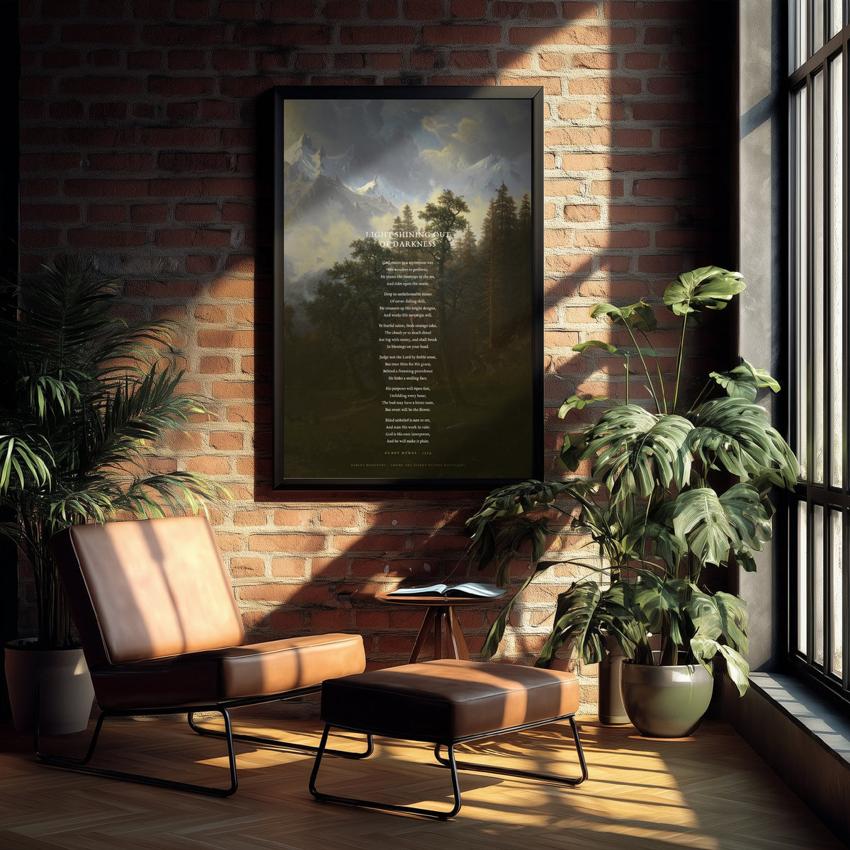 Light Shining Out of Darkness by William Cowper Art Print - God Moves in a Mysterious Way Hymn Poster over Classic Landscape Painting