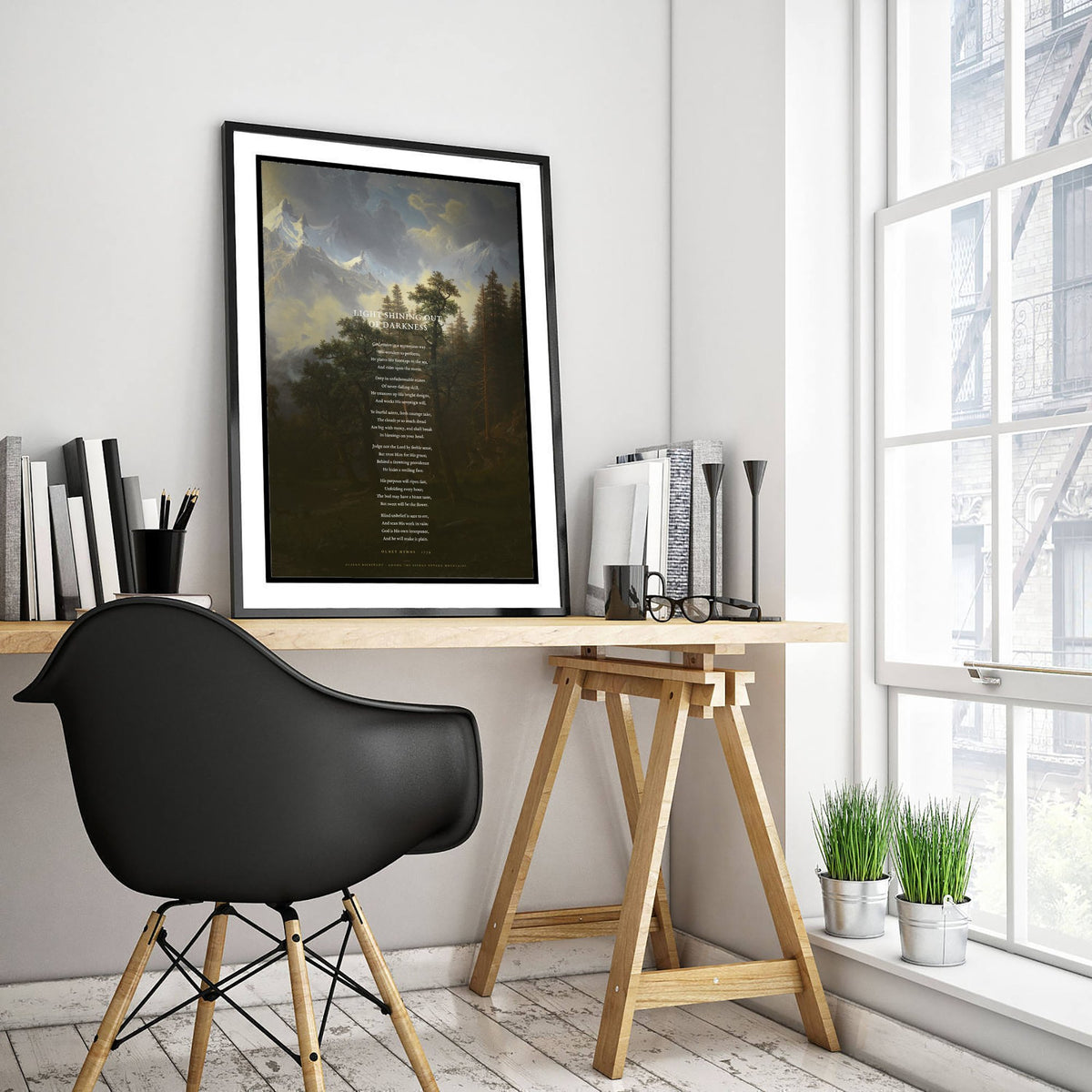 Light Shining Out of Darkness by William Cowper Art Print - God Moves in a Mysterious Way Hymn Poster over Classic Landscape Painting