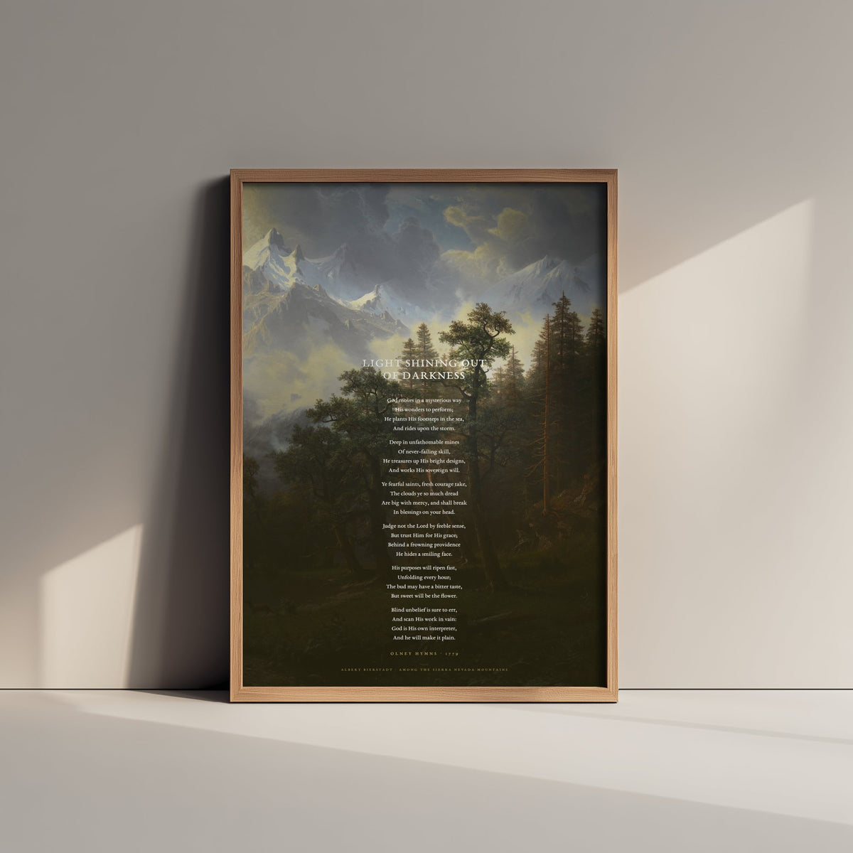 Light Shining Out of Darkness by William Cowper Art Print - God Moves in a Mysterious Way Hymn Poster over Classic Landscape Painting