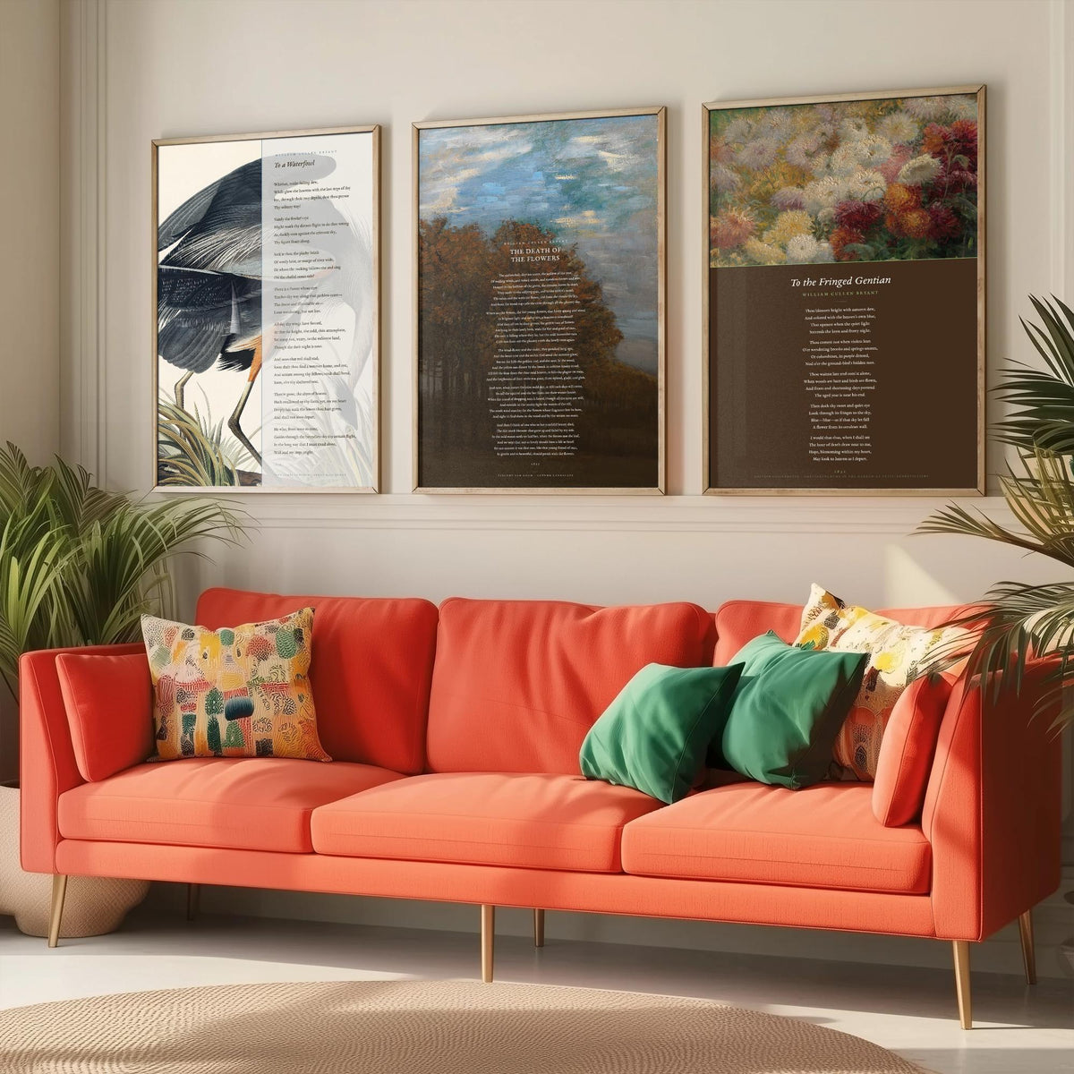 William Cullen Bryant Set of Three Art Prints - To a Waterfowl, The Death of the Flowers, To the Fringed Gentian - Poetry Poster Paintings