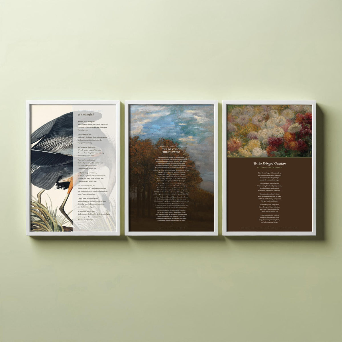 William Cullen Bryant Set of Three Art Prints - To a Waterfowl, The Death of the Flowers, To the Fringed Gentian - Poetry Poster Paintings
