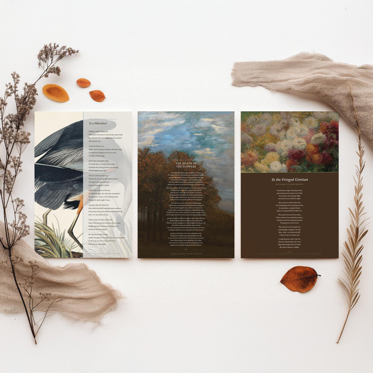 William Cullen Bryant Set of Three Art Prints - To a Waterfowl, The Death of the Flowers, To the Fringed Gentian - Poetry Poster Paintings