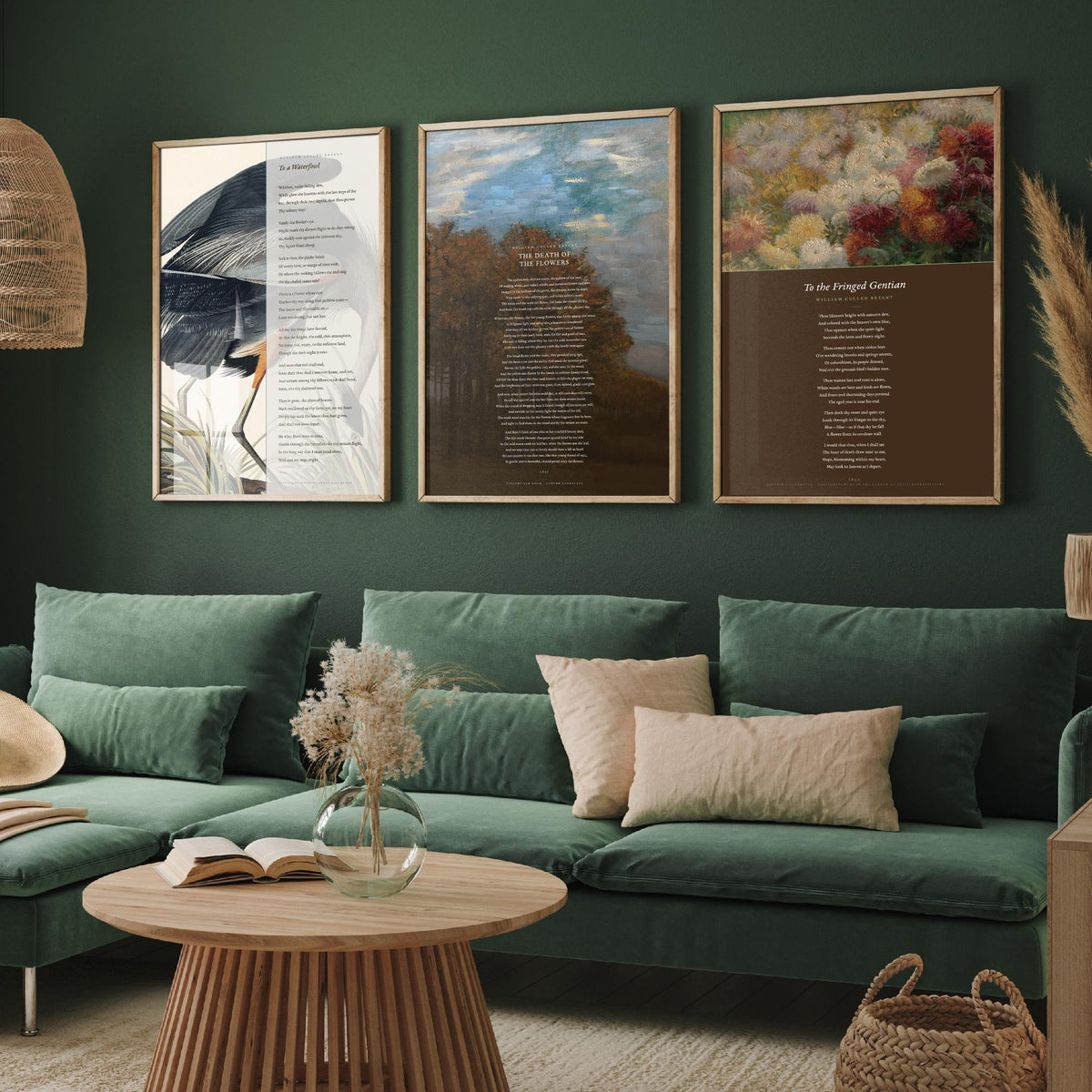 William Cullen Bryant Set of Three Art Prints - To a Waterfowl, The Death of the Flowers, To the Fringed Gentian - Poetry Poster Paintings