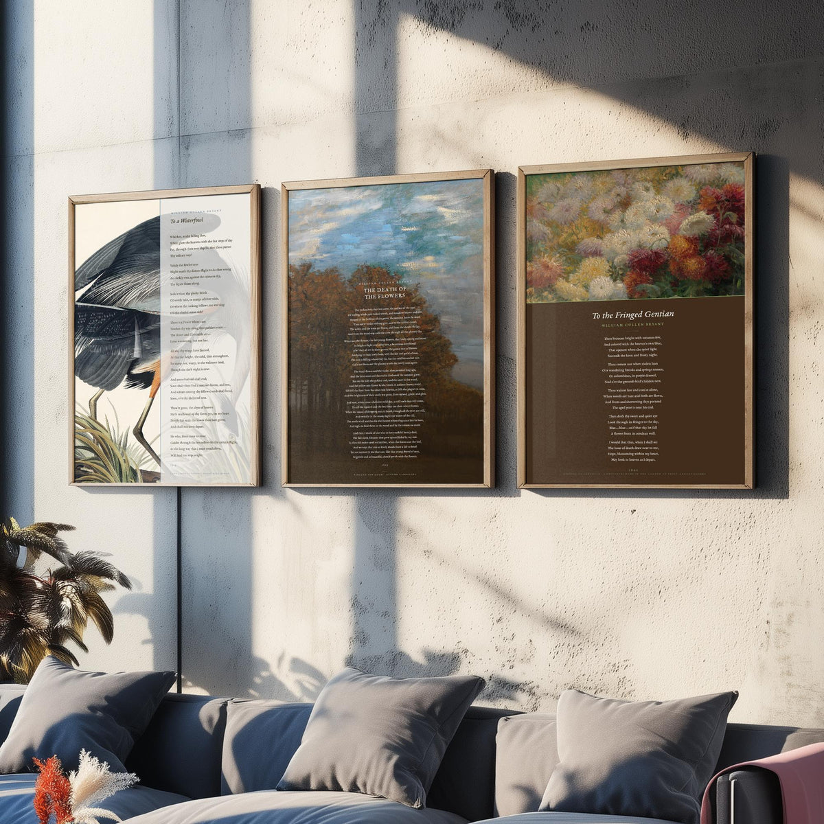 William Cullen Bryant Set of Three Art Prints - To a Waterfowl, The Death of the Flowers, To the Fringed Gentian - Poetry Poster Paintings