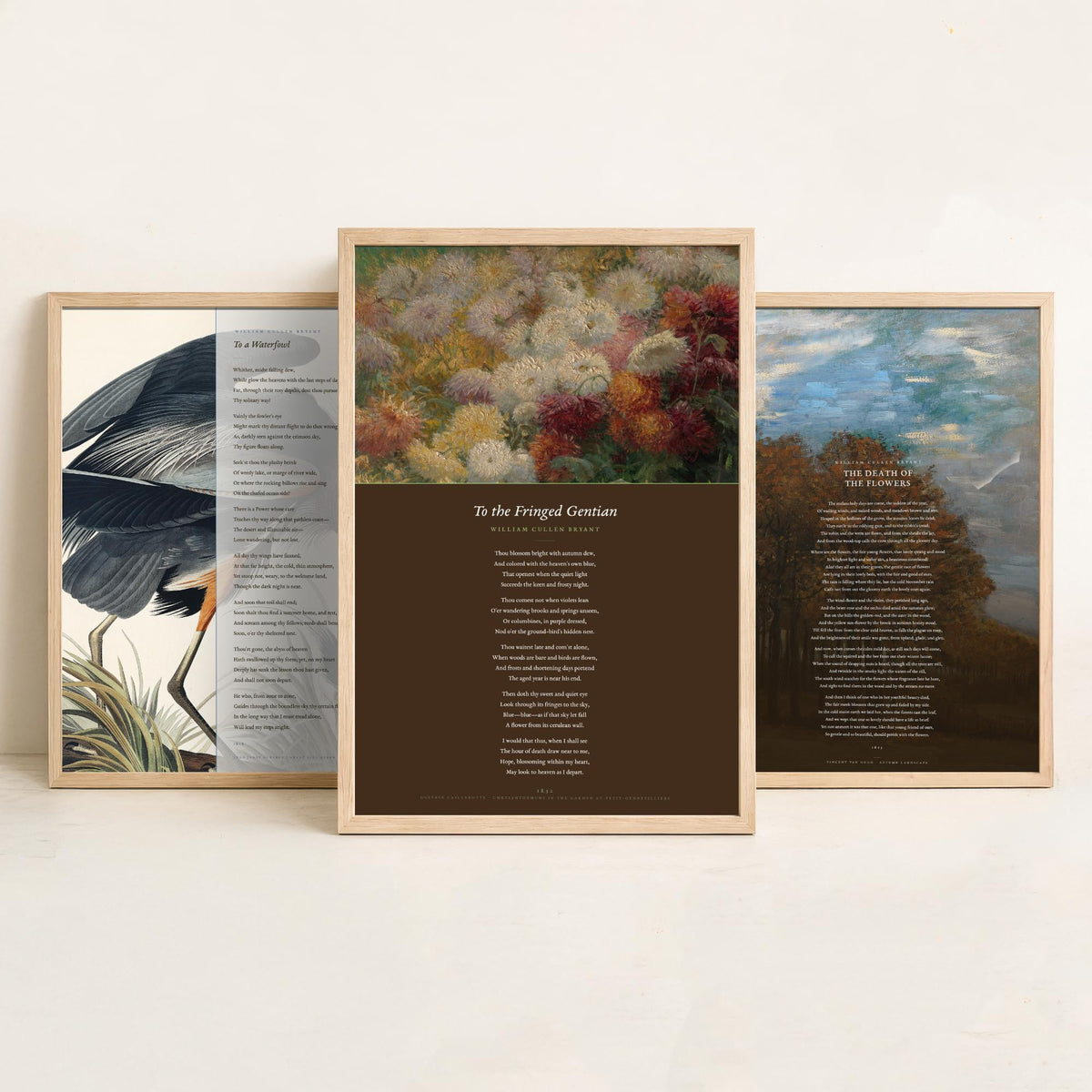William Cullen Bryant Set of Three Art Prints - To a Waterfowl, The Death of the Flowers, To the Fringed Gentian - Poetry Poster Paintings