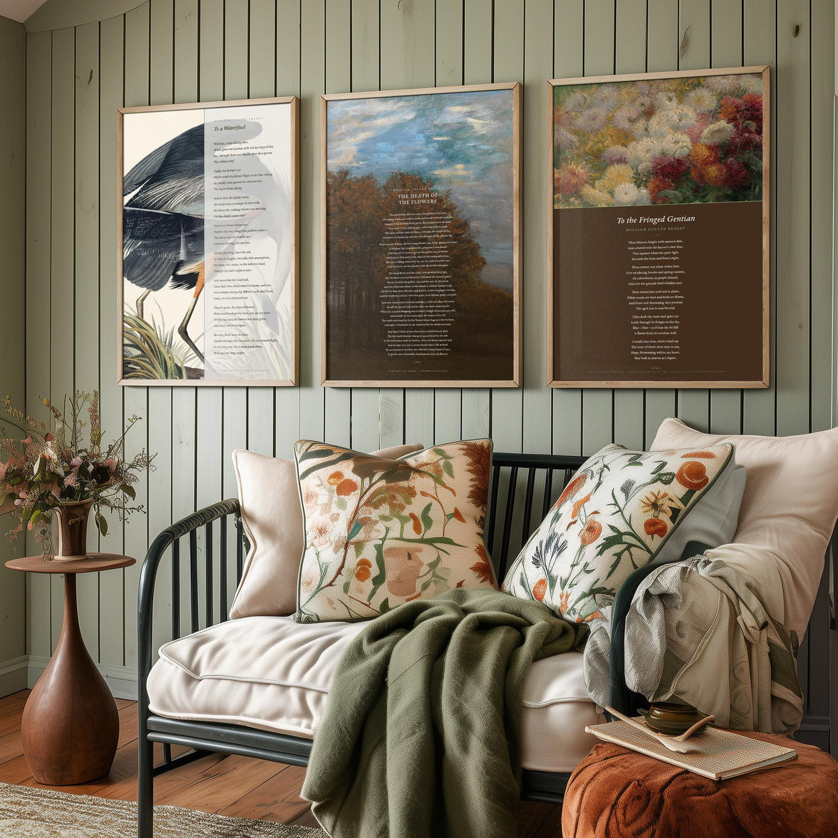 William Cullen Bryant Set of Three Art Prints - To a Waterfowl, The Death of the Flowers, To the Fringed Gentian - Poetry Poster Paintings