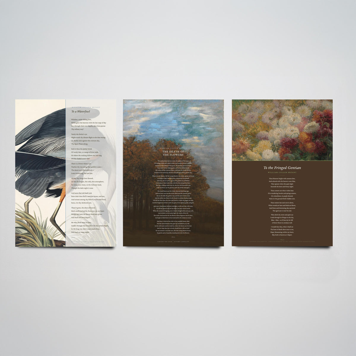 William Cullen Bryant Set of Three Art Prints - To a Waterfowl, The Death of the Flowers, To the Fringed Gentian - Poetry Poster Paintings