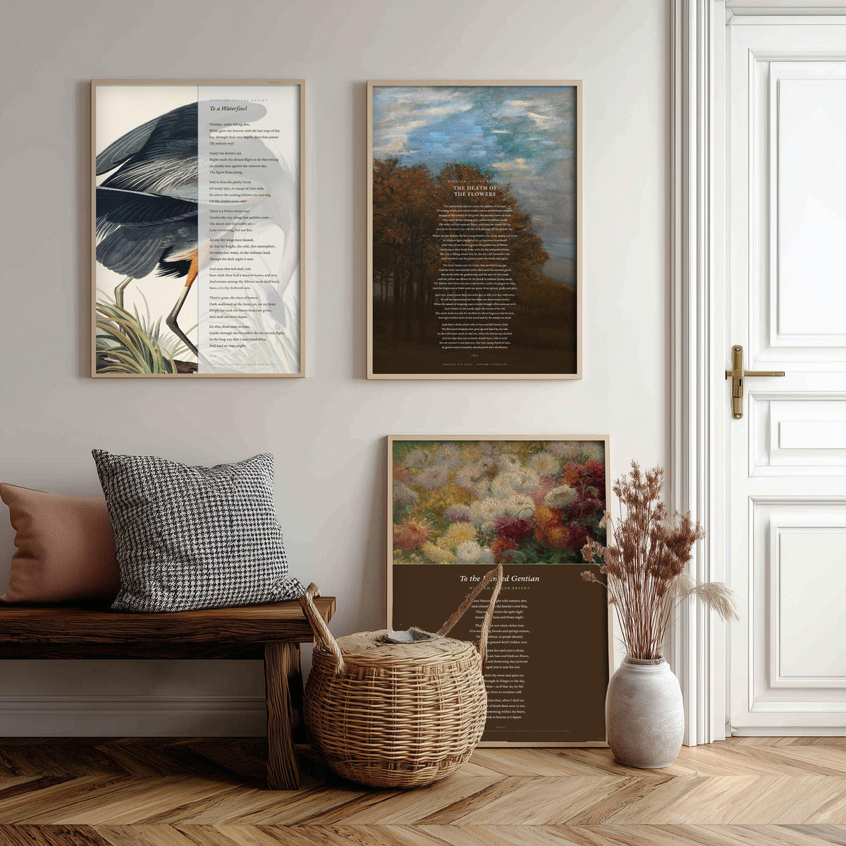 William Cullen Bryant Set of Three Art Prints - To a Waterfowl, The Death of the Flowers, To the Fringed Gentian - Poetry Poster Paintings