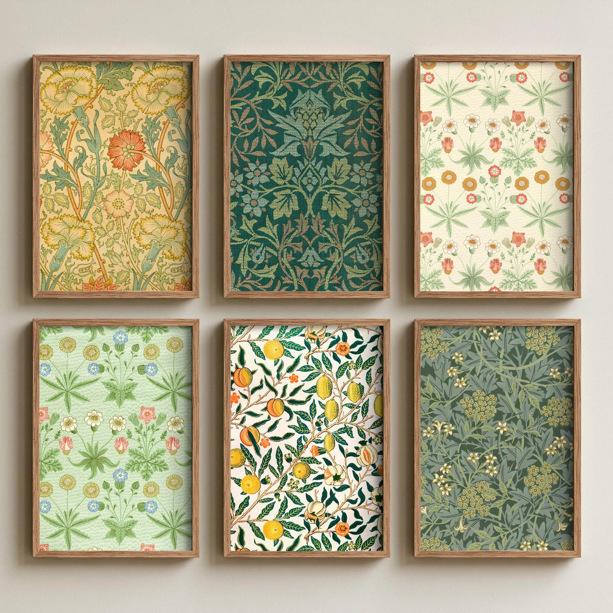 Set of Six William Morris Art Prints - 6 Green Arts and Crafts Pattern Posters - Daisy, Fruit, Jasmine, Pink and Rose Illustration