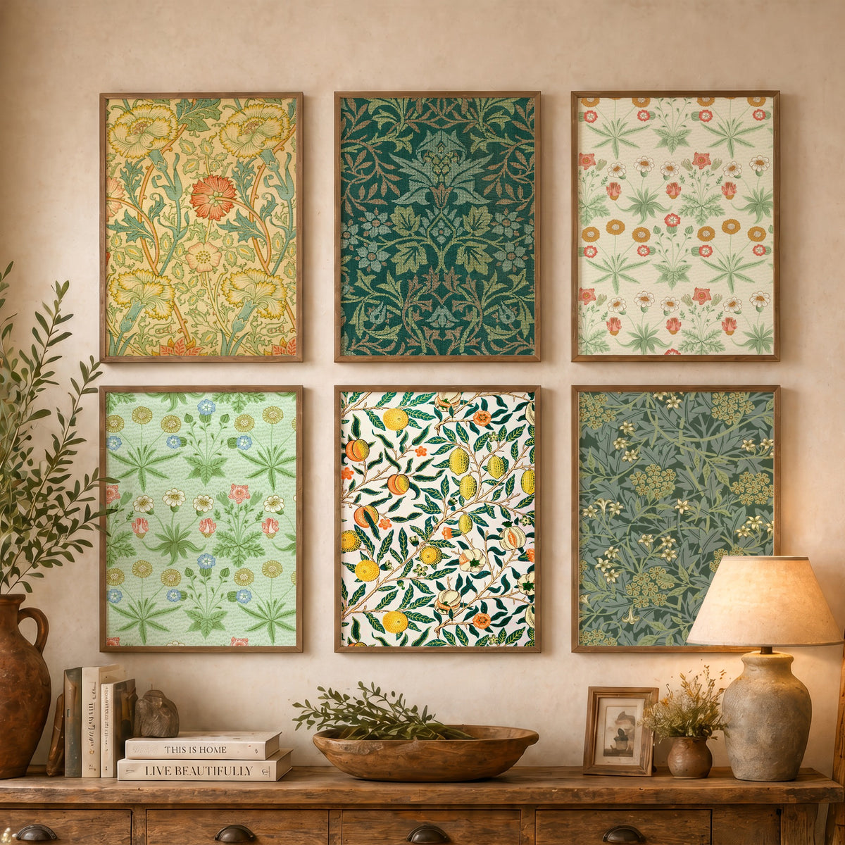Set of Six William Morris Art Prints - 6 Green Arts and Crafts Pattern Posters - Daisy, Fruit, Jasmine, Pink and Rose Illustration