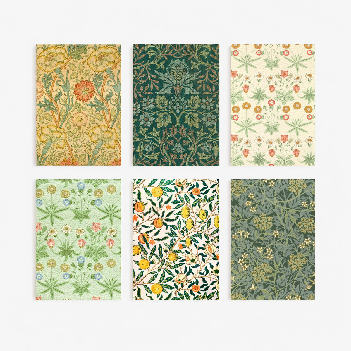 Set of Six William Morris Art Prints - 6 Green Arts and Crafts Pattern Posters - Daisy, Fruit, Jasmine, Pink and Rose Illustration