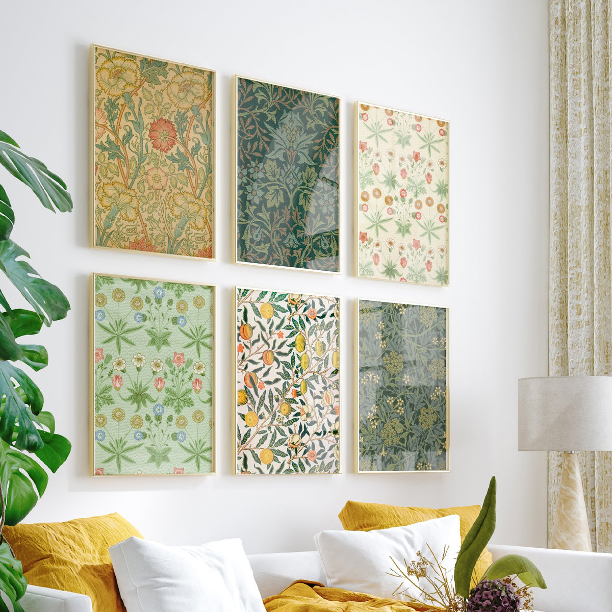 Set of Six William Morris Art Prints - 6 Green Arts and Crafts Pattern Posters - Daisy, Fruit, Jasmine, Pink and Rose Illustration