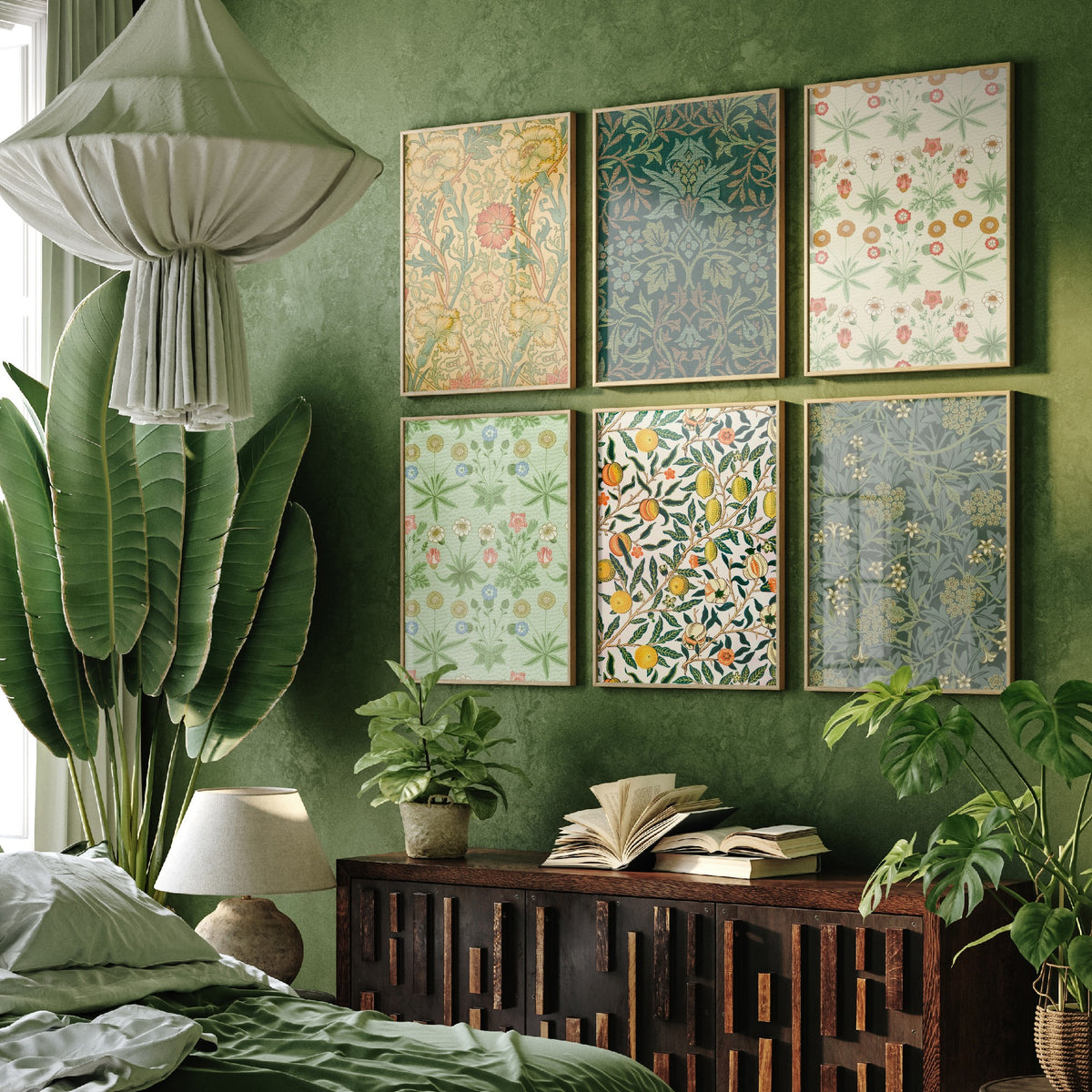 Set of Six William Morris Art Prints - 6 Green Arts and Crafts Pattern Posters - Daisy, Fruit, Jasmine, Pink and Rose Illustration