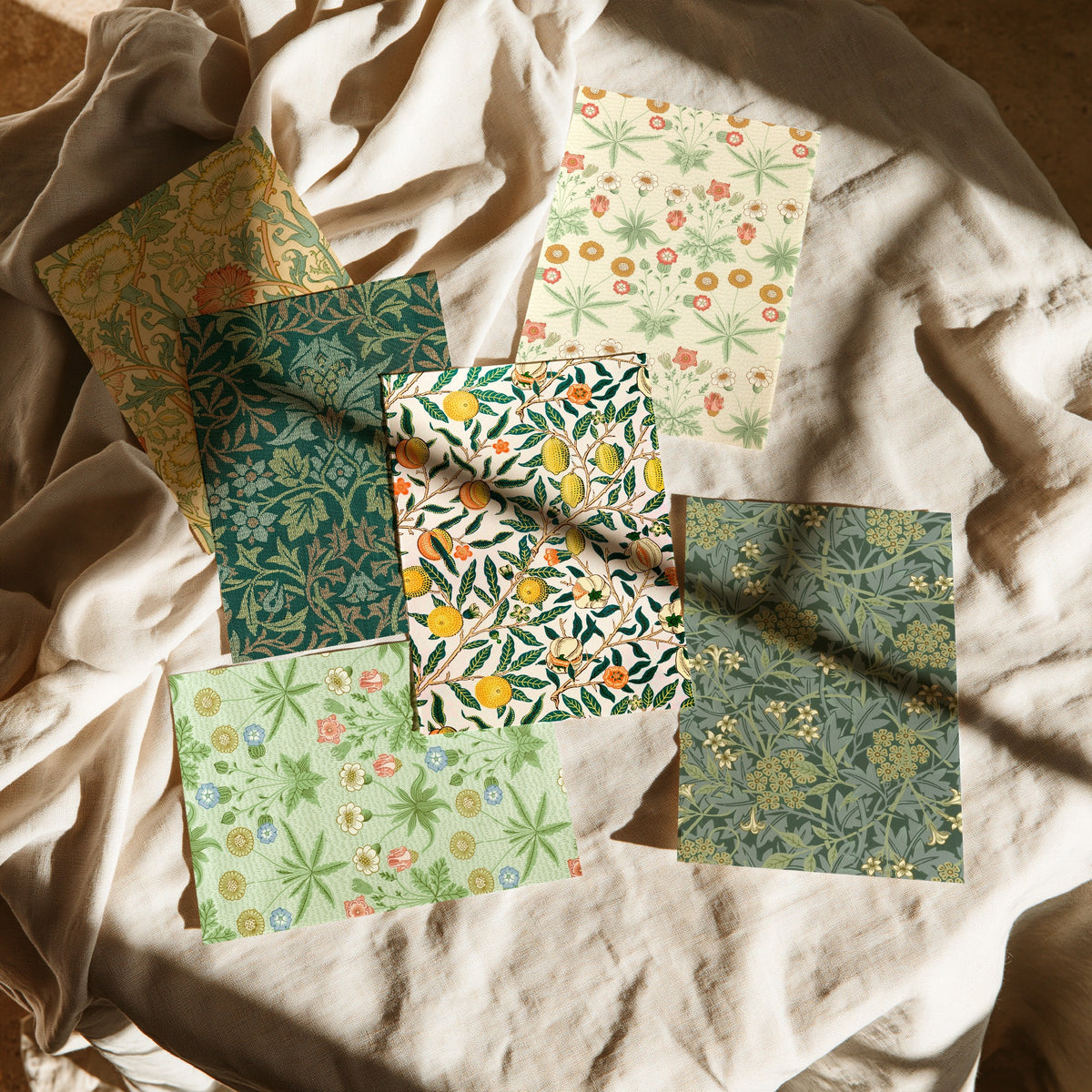 Set of Six William Morris Art Prints - 6 Green Arts and Crafts Pattern Posters - Daisy, Fruit, Jasmine, Pink and Rose Illustration