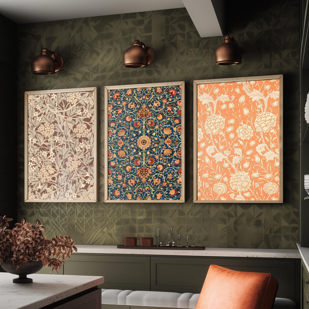 William Morris Holland Park Carpet Set of Three Art Prints - Jasmine, Wild Tulip - Arts and Crafts Pattern Poster Illustration